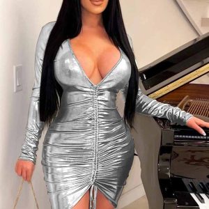 This Women Sexy Deep v Long Sleeve Drawstring Bodycon Dress Design Made Of High Quality Polyster And Spandex Material