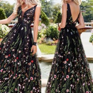 This Women Sexy Deep v Sleeveless Embroidered Backless Maxi Dress Design Made Of Good Quality Polyster And Spandex Material