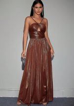 This Women Sexy Elegant Pleated Hollow Suspender Maxi Dress Design Made Of High Quality Polyster And Spandex Material