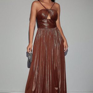 This Women Sexy Elegant Pleated Hollow Suspender Maxi Dress Design Made Of High Quality Polyster And Spandex Material