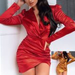 This Women Sexy Fashion Deep v Neck Pleated Long Sleeve Bodycon Dress Design Made Of High Quality Polyster And Spandex Material. It Is Stretchy