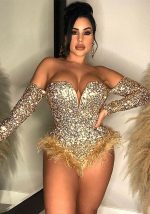 This Women Sexy Feather Sequin Jumpsuit Design Made Of High Quality Polyster And Spandex Material. It Is Stretchy