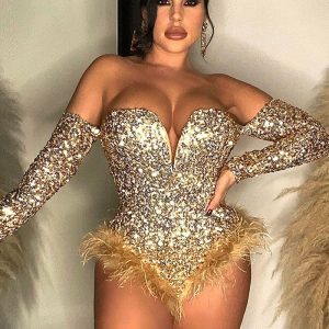 This Women Sexy Feather Sequin Jumpsuit Design Made Of High Quality Polyster And Spandex Material. It Is Stretchy