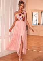 This Women Sexy Flower Embroidered One Shoulder Slit Dress Design Made Of High Level Material