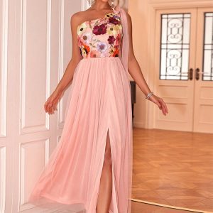 This Women Sexy Flower Embroidered One Shoulder Slit Dress Design Made Of High Level Material