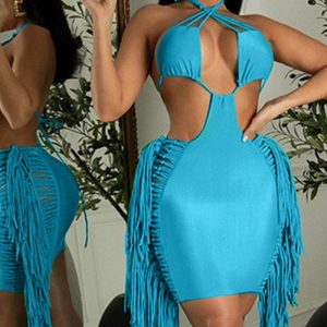 This Women Sexy Lace-Up Fringe Dress Design Made Of High Quality Polyster And Spandex Material