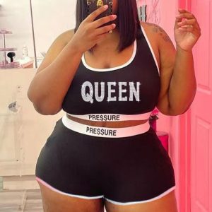 This Women Sexy Letter Beaded Top And Shorts Two-Piece Set Design And Made Of Comfortable And Elastic Fabric. Wholesale Plus Size Two Piece Sets Is a Must-Have Item For Curvy Ladies. Two Piece Sets Can Either Be Worn Together Or Individually