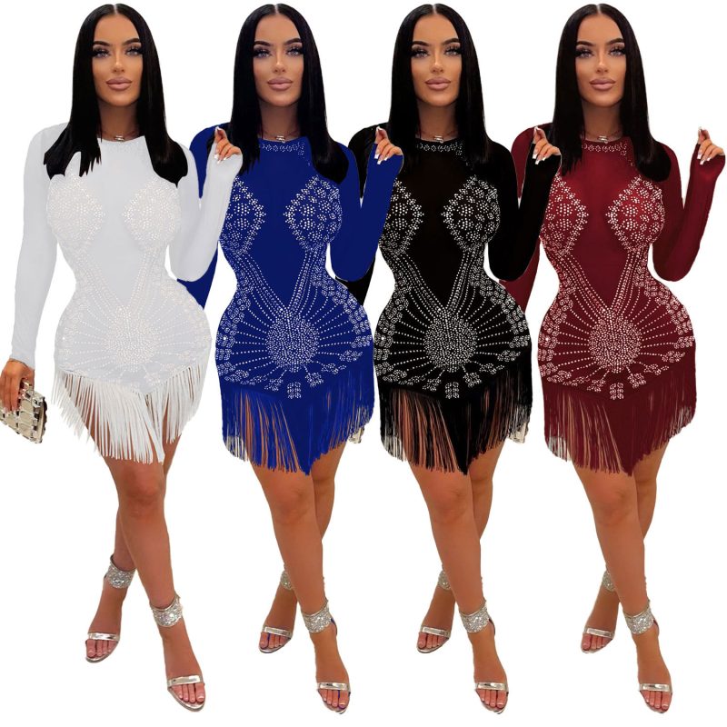 This Women Sexy Long Sleeve Rhinestone Fringe Bodycon Dress Design Made Of High Quality Polyster And Spandex Material