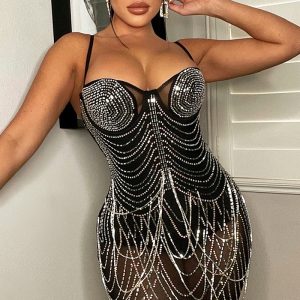 This Women Sexy Mesh Beaded Tassel Strap Dress Design Made Of High Quality Polyster And Spandex Material