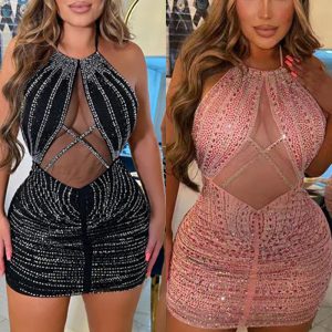 This Women Sexy Mesh Patchwork Beaded Backless Dress Design Made Of High Quality Polyster And Spandex Material