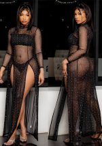 This Women Sexy Mesh See-Through Irregular Long Sleeve Dress Design Made Of High Quality Polyster And Spandex Material