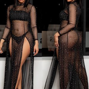 This Women Sexy Mesh See-Through Irregular Long Sleeve Dress Design Made Of High Quality Polyster And Spandex Material