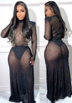 This Women Sexy Mesh See-Through Long Sleeve Dress Design Made Of High Quality Polyster And Spandex Material