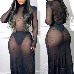 This Women Sexy Mesh See-Through Long Sleeve Dress Design Made Of High Quality Polyster And Spandex Material