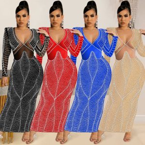 This Women Sexy Nightclub Beaded Mesh See-Through v-Neck Long Sleeve Long Dress Design Made Of High Quality Polyster And Spandex Material