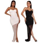 This Women Sexy Off Shoulder Mesh Beaded Party Slit Dress Design Made Of High Quality Polyster And Spandex Material