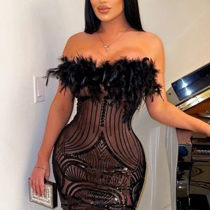 This Women Sexy Off Shoulder See-Through Sequin Dress Design Made Of High Quality Polyster And Spandex Material