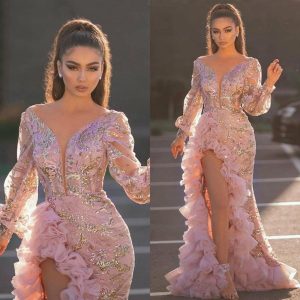 This Women Sexy Pink Sequins Long Mesh Evening Dress Design Made Of Good Quality Polyster And Spandex Material