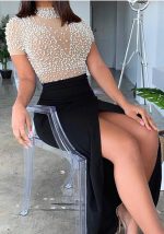 This Women Sexy See-Through Beaded Hairstyle Round Neck Short Sleeve Dress Design Made Of Good Quality Polyster And Spandex Material