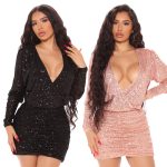 This Women Sexy Sequin Long Sleeve Deep v Mini Bodycon Dress Design Made Of Good Quality Polyster And Spandex Material