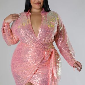 This Women Sexy Sequin Shiny Long Sleeve Lace Up Dress Made Of Soft And Elastic Fabric. Global Lover Wholesale Plus Size Dresses And Hope Curvy Ladies Find Here a Warm And Exciting Place To Shop Affordable Curvy Dresses Online - Plus Size Casual