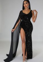 This Women Sexy Sequin Tassel Long Dress Evening Dress Design Made Of High Quality Polyster And Spandex Material