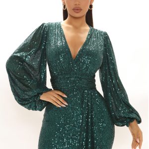 This Women Sexy Sequin v-Neck Long Sleeve Dress Design Made Of High Quality Polyster And Spandex Material