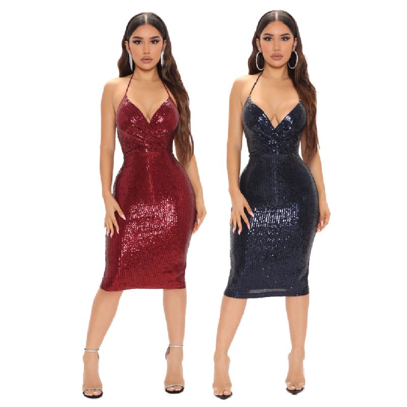 This Women Sexy Sequins Deep v Sling Evening Dress Bodycon Dress Design Made Of Good Quality Polyster And Spandex Material