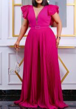 This Women Sexy Short Sleeve Pleated Wide Leg Jumpsuit With Belt Design Made Of High Quality Polyster And Spandex Material