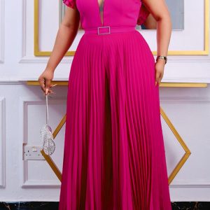 This Women Sexy Short Sleeve Pleated Wide Leg Jumpsuit With Belt Design Made Of High Quality Polyster And Spandex Material