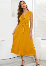 This Women Sexy Sleeveless Heart Pleated v-Neck Dress Design Made Of High Quality Polyster And Spandex Material. It Come With Good Stretch And Wearing Comfortable. Women¡¯s Midi Dresses Is Omnipotent And Suit For All Kinds Of Occasions - Daily Wear