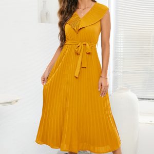 This Women Sexy Sleeveless Heart Pleated v-Neck Dress Design Made Of High Quality Polyster And Spandex Material. It Come With Good Stretch And Wearing Comfortable. Women¡¯s Midi Dresses Is Omnipotent And Suit For All Kinds Of Occasions - Daily Wear