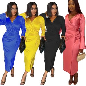 This Women Sexy Slim Irregular Deep v Long Sleeve Dress Design Made Of High Quality Polyster And Spandex Material