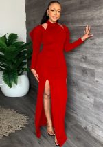 This Women Sexy Solid Color Off-Shoulder Slit Dress Long Dress With Belt Design Made Of Good Quality Polyster And Spandex Material