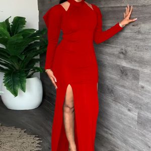 This Women Sexy Solid Color Off-Shoulder Slit Dress Long Dress With Belt Design Made Of Good Quality Polyster And Spandex Material