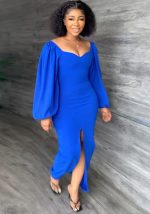 This Women Sexy Solid Color Puff Sleeve Backless Zip Slit Bodycon Dress Design Made Of Good Quality Polyster And Spandex Material