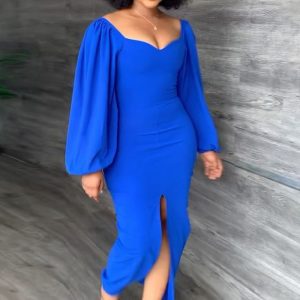 This Women Sexy Solid Color Puff Sleeve Backless Zip Slit Bodycon Dress Design Made Of Good Quality Polyster And Spandex Material