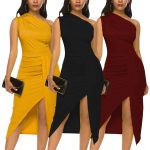 This Women Sexy Solid Color Ruched One-Shoulder Slit Dress Design Made Of High Quality Polyster And Spandex Material. It Come With Good Stretch And Wearing Comfortable. Women¡¯s Midi Dresses Is Omnipotent And Suit For All Kinds Of Occasions - Daily Wear