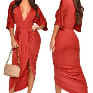 This Women Sexy Solid Deep v-Neck Dress Design Made Of Good Quality Polyster And Spandex Material