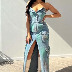 This Women Sexy Strapless Off-Shoulder Tie-Dye Slit Cargo Denim Dress Design Made Of High Quality Polyster And Spandex Material. It Come With Good Stretch And Wearing Comfortable And Feeling Freedom. The Tight And Fitted Dress Is The Most Popular Options From Party Girls. Shop Bodycon Dresses At Global Lover And Find Amazing Designs Sequins