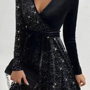 This Women Sexy v-Neck Bodycon Irregular Sequin Dress Design Made Of High Quality Polyster And Spandex Material. It Is Stretchy