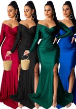 This Women Sexy v-Neck Dress Solid Slit Long Sleeve Maxi Dress Design Made Of High Quality Polyster And Spandex Material