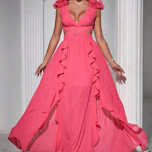 This Women Sexy v-Neck Hollow Ruffle Maxi Dress Design Made Of High Quality Polyster And Spandex Material