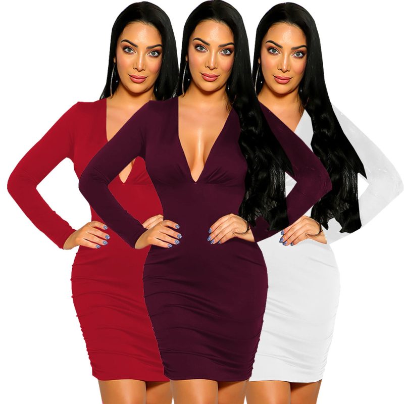 This Women Sexy v-Neck Long Sleeve Bodycon Dress Design Made Of High Quality Polyster And Spandex Material. It Is Stretchy