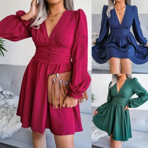 This Women Sexy v-Neck Long Sleeve Pleated Dress Design Made Of High Quality Polyster And Spandex Material. It Is Stretchy