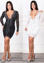 This Women Sexy v-Neck Mesh Beaded See-Through Long Sleeve Dress Design Made Of High Quality Polyster And Spandex Material