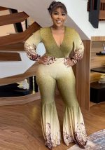 This Women Sexy v Neck Print Bell Bottom Jumpsuit Design Made Of High Quality Polyster And Spandex Material. It Is Stretchy