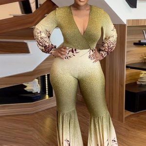 This Women Sexy v Neck Print Bell Bottom Jumpsuit Design Made Of High Quality Polyster And Spandex Material. It Is Stretchy