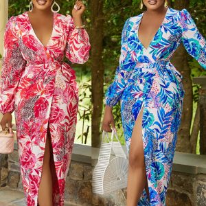 This Women Sexy v-Neck Printed Long Sleeve Lace-Up Dress Design Made Of High Quality Polyster And Spandex Material. Print Dresses Is More Interesting And Stylish. Print Maxi Dresses Is One Of The Popular Item For Islander Vocations. Women¡¯s Print Dresses At Global Lover Comes With Forever Floral