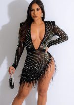 This Women Sexy v-Neck Slit Beaded Feather See-Through Long Sleeve Dress Design Made Of High Quality Polyster And Spandex Material